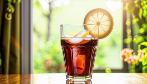 Лимонад Кока-кола в стакане на столе на фоне открытого окна и цветущего сада