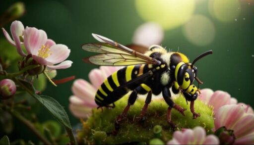 насекомое оса сидит на цветах яблони