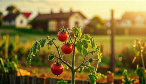 Растение томат растет на грядке в деревенском огороде