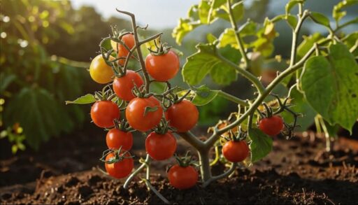 Растение томат с листьями и плодами на фоне огорода