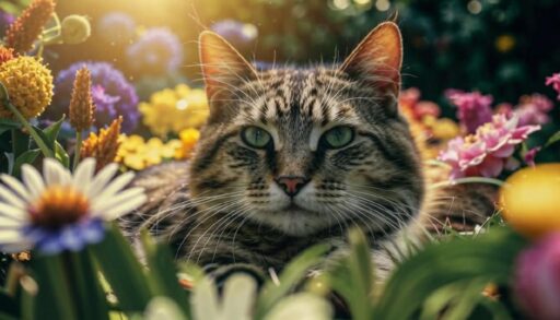 кошка на грядке с цветами