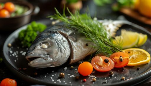 Рыба, приготовленная целиком, лежит на блюде, украшенная укропом и лимоном