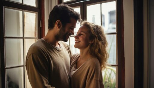 Молодая пара улыбается, глядя в глаза друг другу