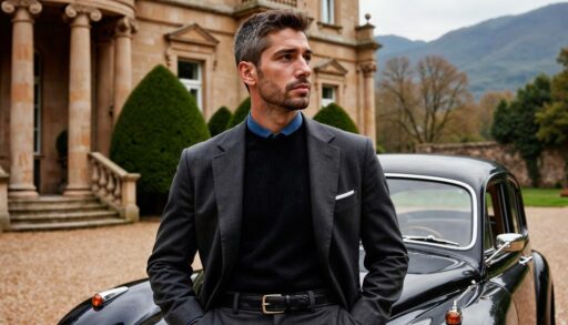 Успешный мужчина на фоне автомобиля и особняка