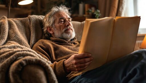 Пожилой мужчина читает рукопись, сидя в кресле