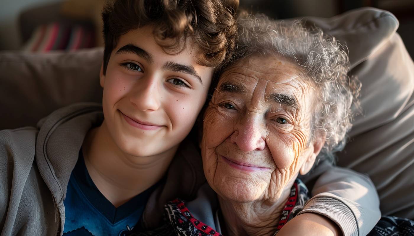 Улыбающийся мальчик-подросток обнимает свою бабушку