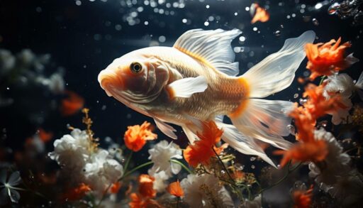 Золотая рыбка плавает среди цветов