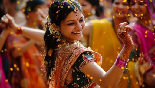 Танцующая девушка в ярком индийском сари и ювелирных украшениях