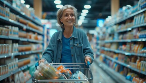 Женщина средних лет катит тележку с продуктами по супермаркету