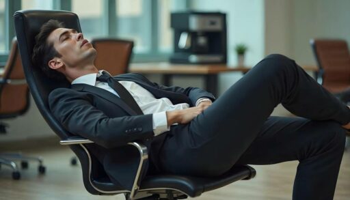 Молодой человек в деловом костюме полулежит в офисном кресле