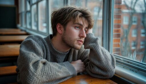 Грустный молодой человек задумчиво смотрит в окно