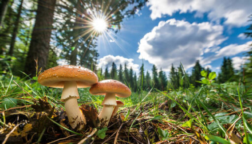 грибы растут на лесной поляне на фоне голубого неба и облаков