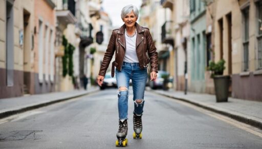 Женщина с седыми волосами в рваных джинсах и куртке косухе катается на роликах