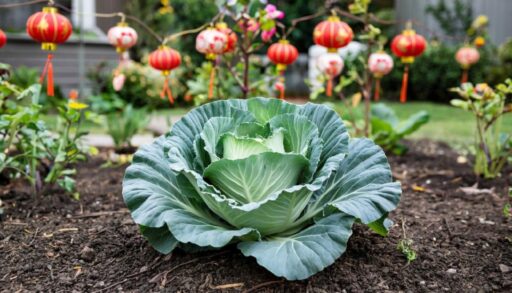 Красивая капуста растет на грядке на огороде на фоне китайских фонариков