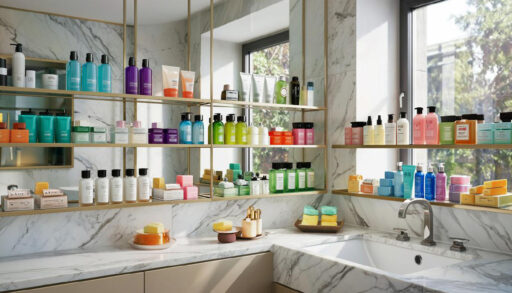 Красивая ванная комната со средствами личной гигиены разных цветов