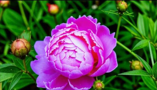 Куст пионов с цветком и бутонами