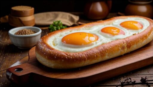 Сочные длинные хачапури с яйцом и сыром на деревянной тарелке