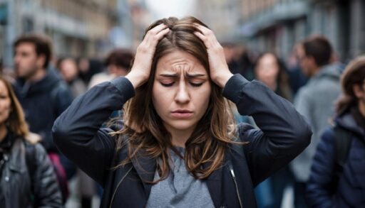 Кандинский  Уставшая и грустная девушка стоит на фоне толпы и держится руками за голову  kandinsky