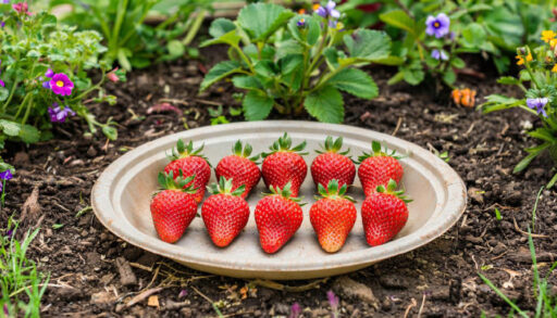 Ягоды клубники лежат на пластиковой тарелке на грядке в огороде