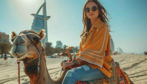 Привлекательная девушка верхом на верблюде