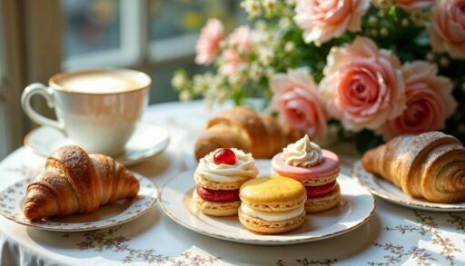 Чашка чая и вкусный десерт на фоне букета из роз