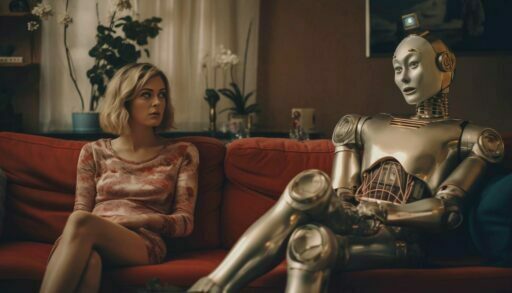 Молодая женщина общается с роботом