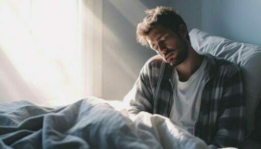 Мужчина в пижаме с трудом просыпается, сидя на постели