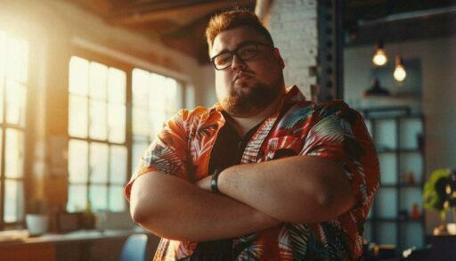 Крупный мужчина позирует, сложив руки на груди