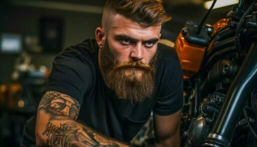 Брутальный байкер ремонтирует мотоцикл