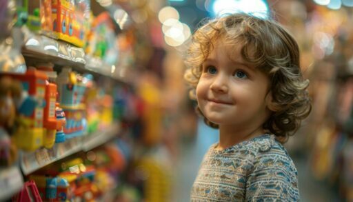 Ребенок в «Детском мире» разглядывает полки с игрушками