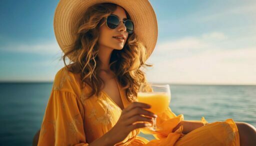 Девушка в летнем наряде отдыхает на берегу моря