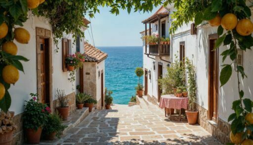 Прибрежная городская улица с апельсиновыми деревьями и видом на море