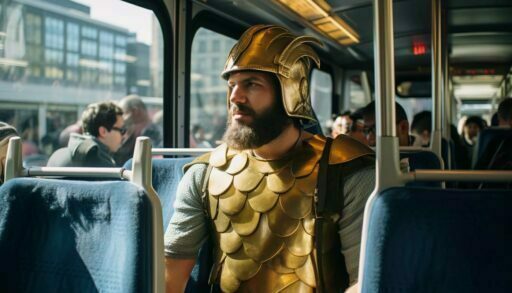 Пассажир автобуса в костюме древнегреческого воина