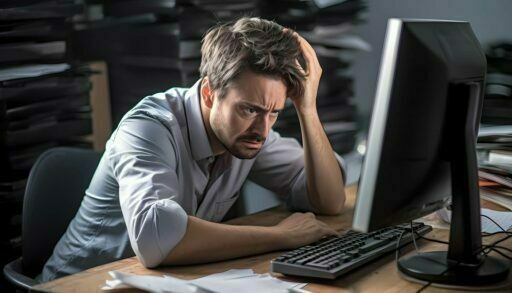 Озадаченный мужчина сосредоточенно смотрит на монитор компьютера