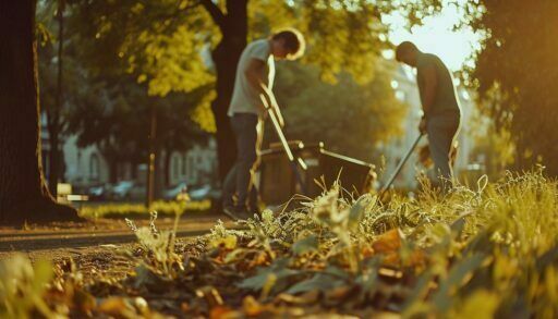 Мужчины убирают опавшие листья в парке