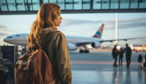 Молодая девушка с рюкзаком в аэропорту