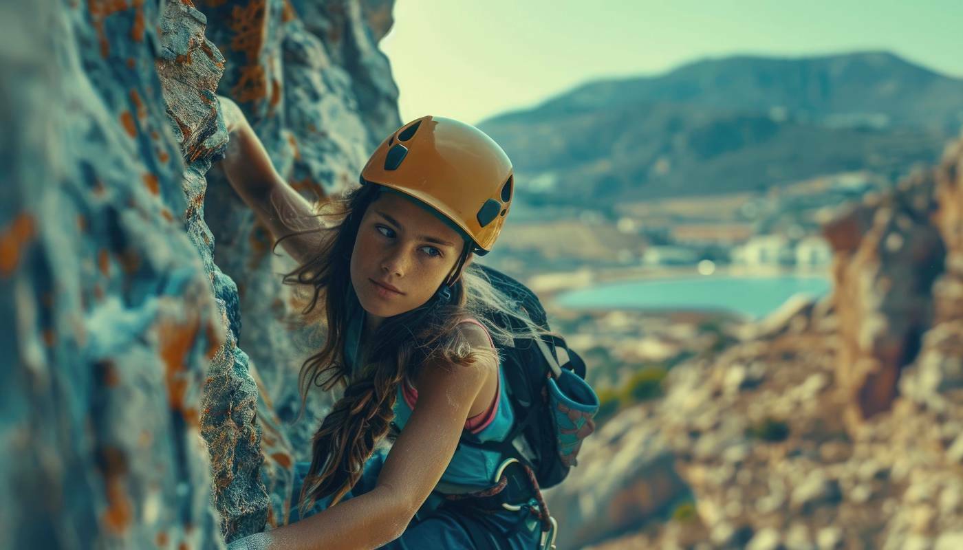 Девушка-альпинистка поднимается по скале