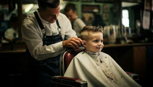 Парикмахер делает стрижку маленькому мальчику