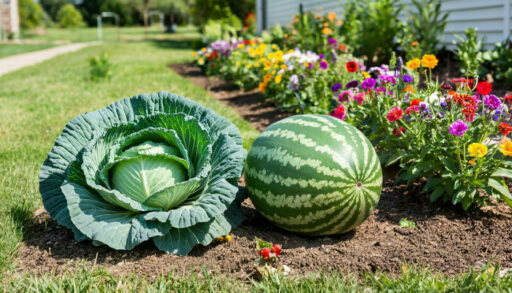 Кандинский арбуз и капуста лежат на грядке в огороде