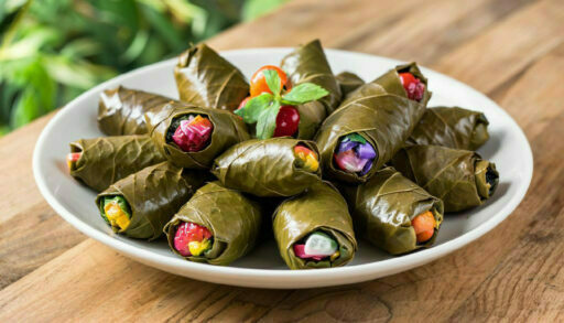 Долма из виноградных листьев на блюде, которое стоит на столе