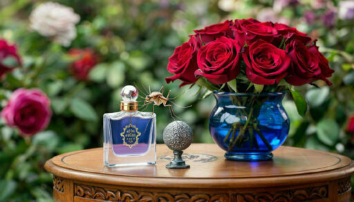 комар на флаконе с духами рядом с розами