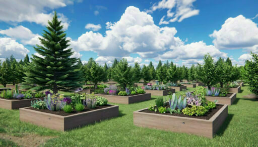 Красивые грядки из досок с растениями на огороде, рядом растет ель на фоне голубого неба с облаками