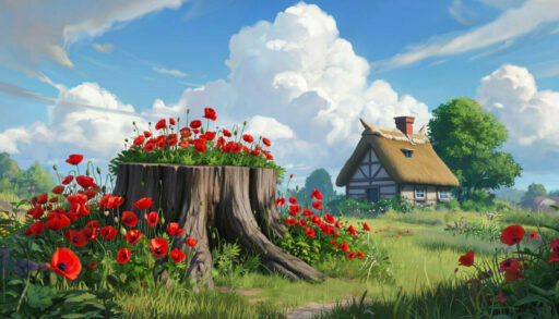 пень с цветами стоит в саду на фоне дома