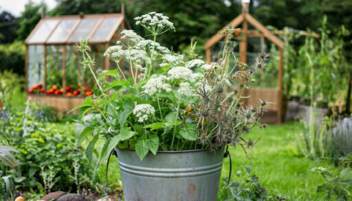 ведро с сорняками на огороде