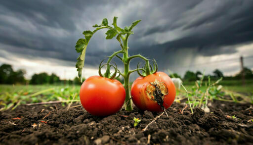 вершинная гниль на томатах, которые растут на грядке в огороде на фоне грозового неба