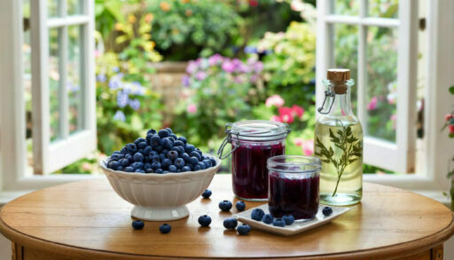 ягоды черники или ирги лежат в плошке