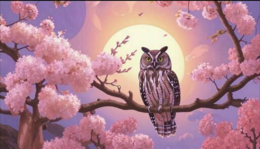 Сова на фоне луны и розовых деревьев