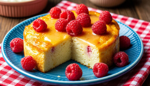 творожная запеканка, украшенная ягодами малины