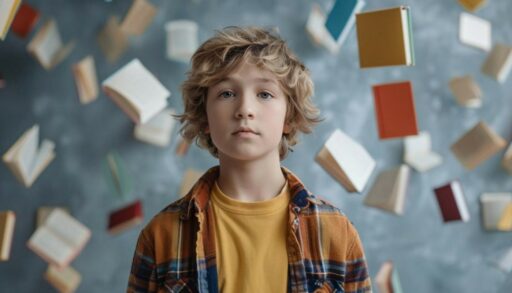 мальчик на фоне падающих книг