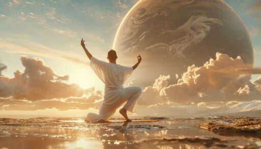 человек занимается йогой на фоне планеты